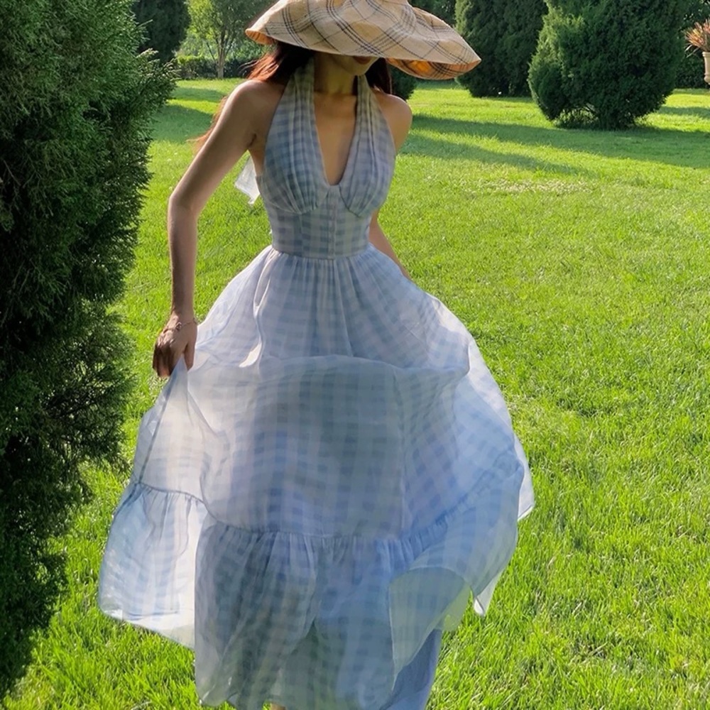Blue Gingham Halter Maxi Dress